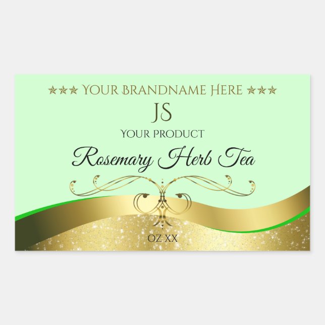 Wavy Gold Glamour Decor Light Green Monogram Label (Front)