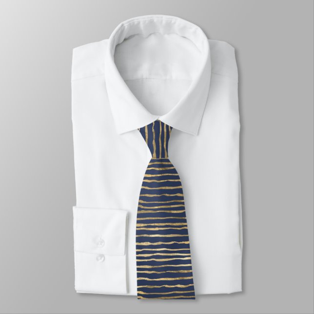 Wavy Gold Pattern on Navy Blue Tie (Tied)