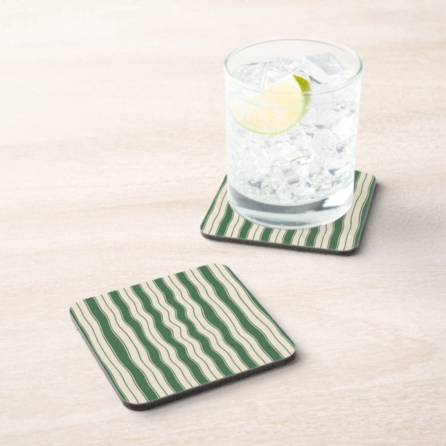 Wavy Green and White Stripes Coaster (Right Side)