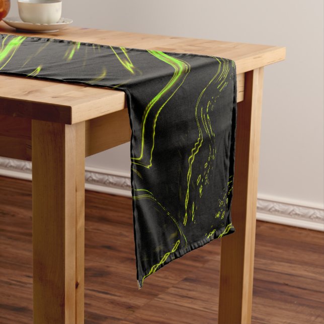 Wavy green long strokes on dark background short table runner (In Situ)