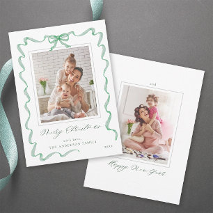Wavy Green Ribbon Bow Frame 2 photo Christmas  Holiday Card