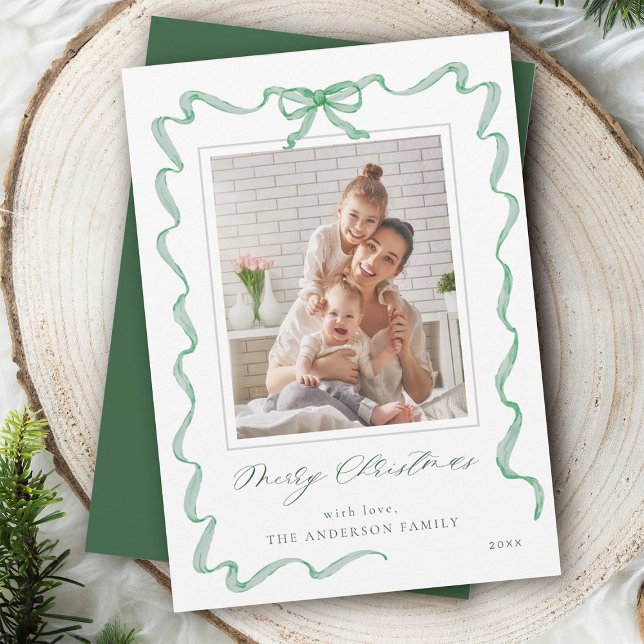 Wavy Green Ribbon Bow Frame photo Christmas  Holiday Card (Creator Uploaded)