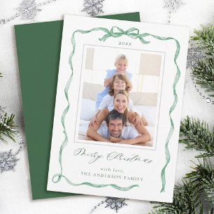Wavy Green Ribbon Bow Frame photo Christmas  Holiday Card
