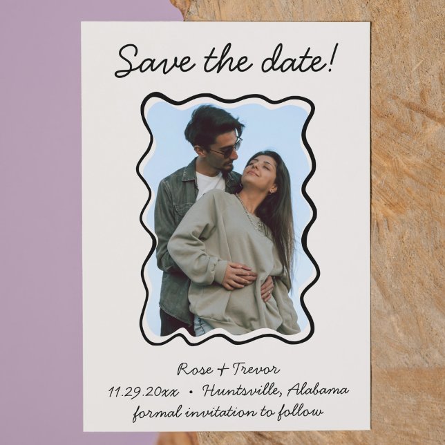 Wavy Hand Drawn Border Save the Date Photo  Invitation (quirky and whimsical hand drawn photo save the date with funky wavy frame QR code cream and black)