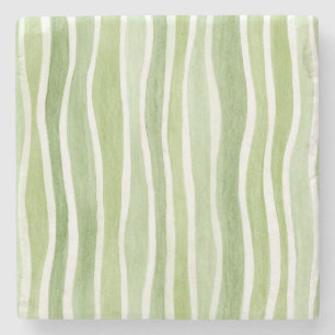 Wavy Lime Green Cream Stripes Stone Coaster