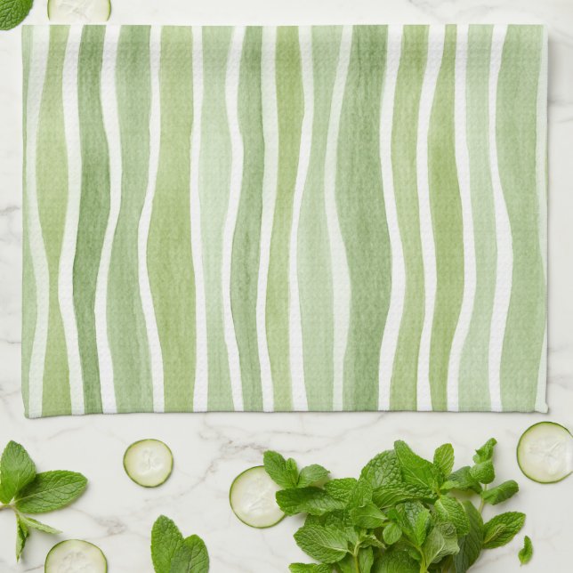 Wavy Lime Green Cream Stripes Tea Towel (Folded)