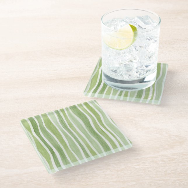Wavy Lime Green Stripes Glass Coaster (Angled)