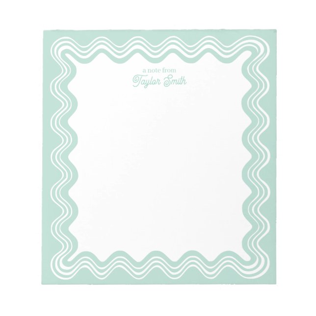 Wavy Line Border Mint and White Personalized Name Notepad (Front)