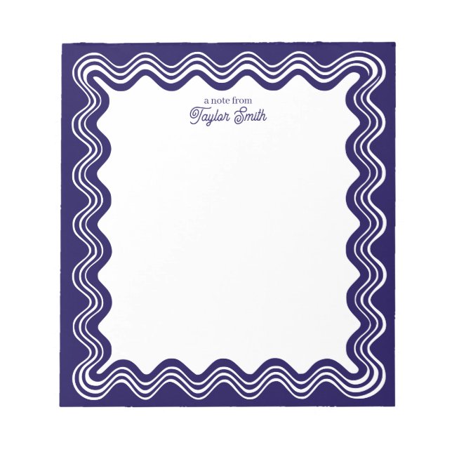 Wavy Line Border Navy Blue White Personalized Name Notepad (Front)