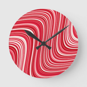 Wavy Lines in Red and White Round Clock
