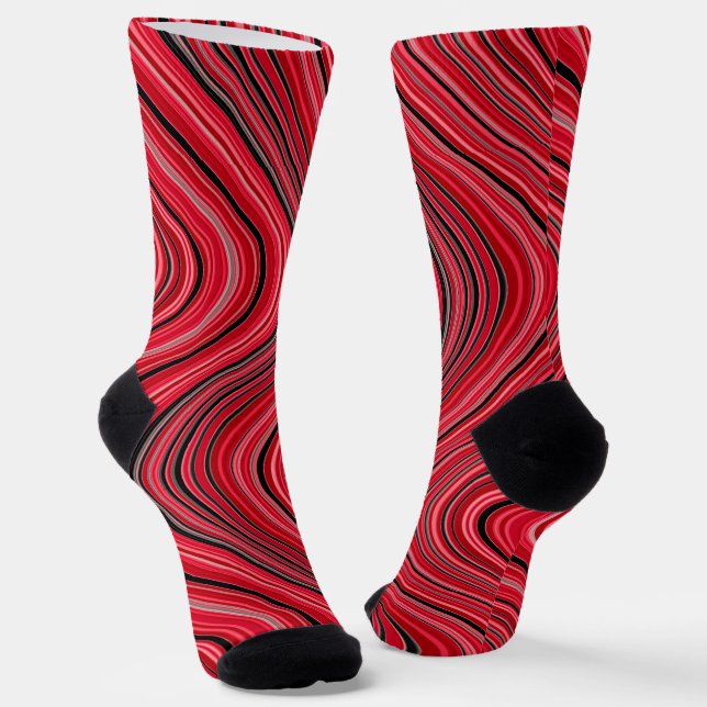 Wavy Lines in Red Black Grey White Socks (Angled)