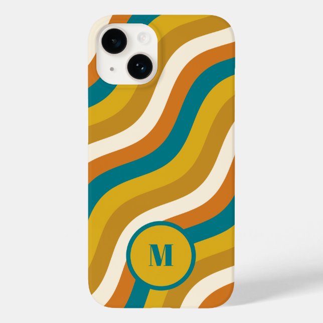 Wavy Lines Retro Stripe Pattern Teal Ochre Initial Case-Mate iPhone Case (Back)