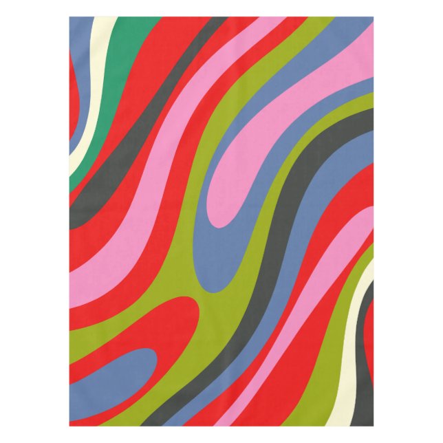 Wavy Loops Multicolor Retro Abstract Maximalist  Tablecloth (Front)