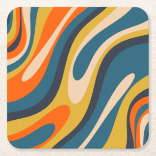 Wavy Loops Retro Abstract Pattern Blue Orange Square Paper Coaster