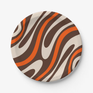 Wavy Loops Retro Abstract Pattern Brown and Orange Paper Plate