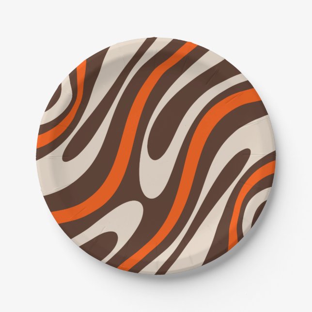 Wavy Loops Retro Abstract Pattern Brown and Orange Paper Plate (Front)