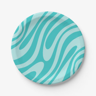 Wavy Loops Retro Abstract Pattern in Aqua Teal Paper Plate