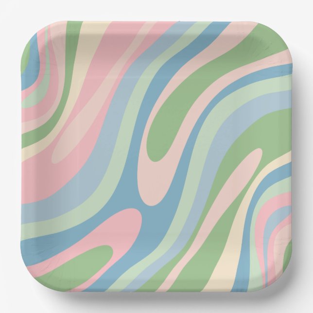 Wavy Loops Retro Abstract Pattern Pastel Blue Pink Paper Plate (Front)