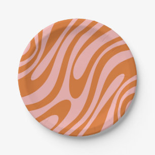 Wavy Loops Retro Abstract Pattern Pink Orange Paper Plate