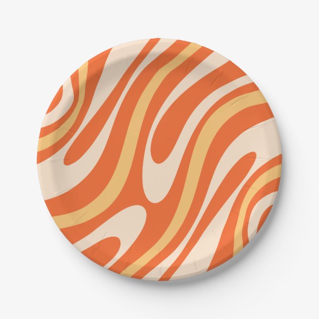Wavy Loops Retro Abstract Pattern Tangerine Orange Paper Plate (Front)