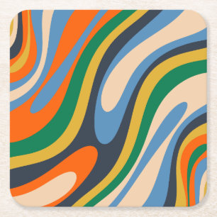 Wavy Loops Retro Multi-Colour Abstract Pattern Square Paper Coaster