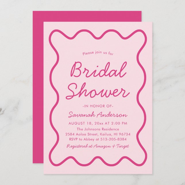 Wavy Modern Curvy Bold Hot Pink Bridal Shower Invitation (Front/Back)