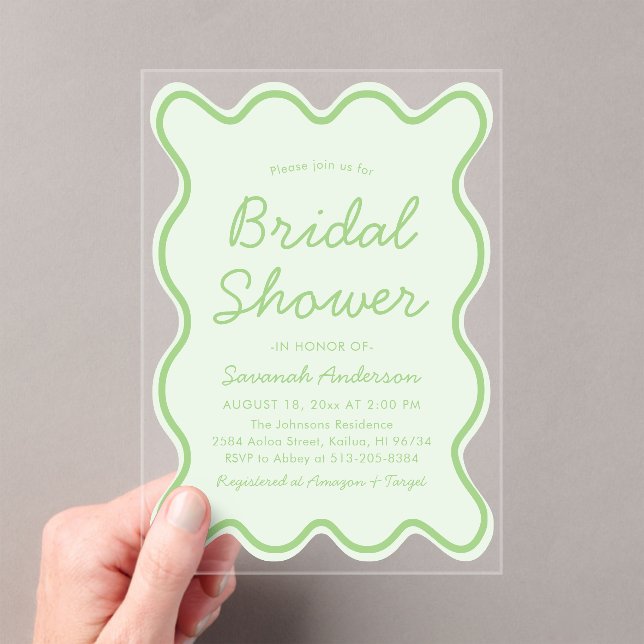 Wavy Modern Curvy Bold Lime Green Bridal Shower Acrylic Invitations (Insitu (Handheld))