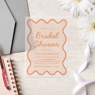 Wavy Modern Curvy Bold Peach Fuzz Bridal Shower Vellum Invitations
