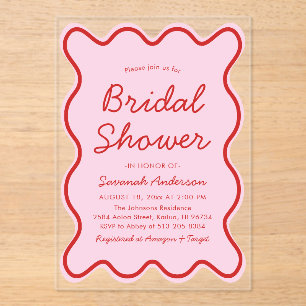 Wavy Modern Curvy Bold Pink and Red Bridal Shower Acrylic Invitations