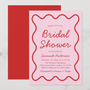 Wavy Modern Curvy Bold Pink and Red Bridal Shower Invitation