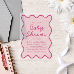 Wavy Modern Curvy Bold Retro Pink Baby Shower Vellum Invitations