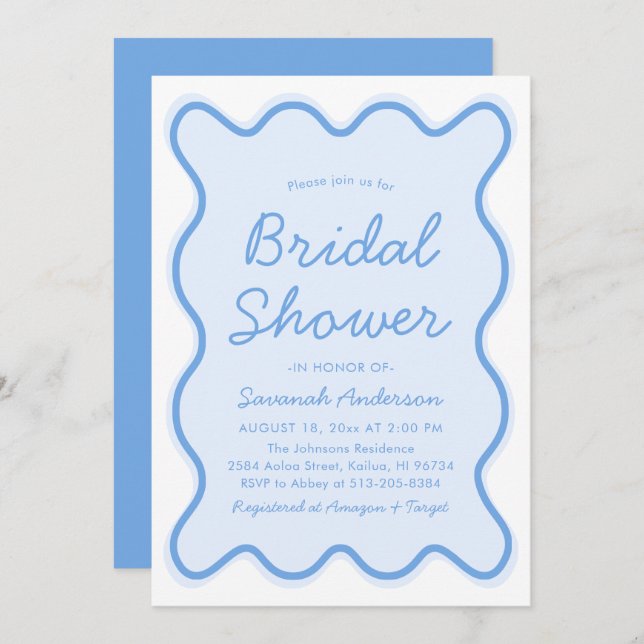 Wavy Modern Curvy Bold Squiggle Blue Bridal Shower Invitation (Front/Back)