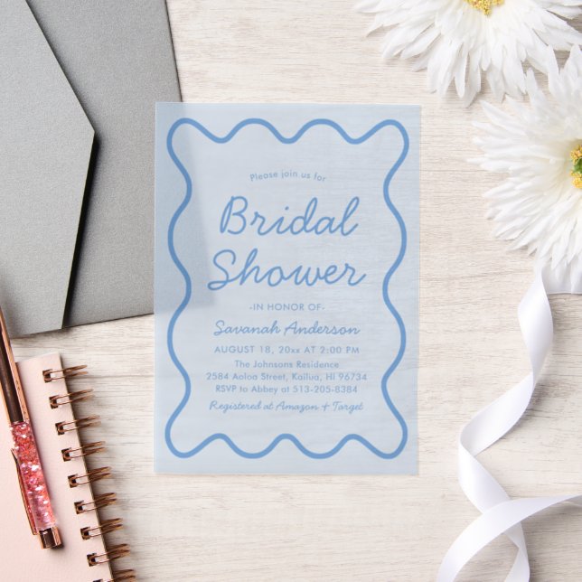Wavy Modern Curvy Retro Dusty Blue Bridal Shower Vellum Invitations (Wedding)