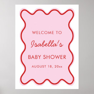 Wavy Modern Curvy Retro Pink and Red Baby Shower Poster
