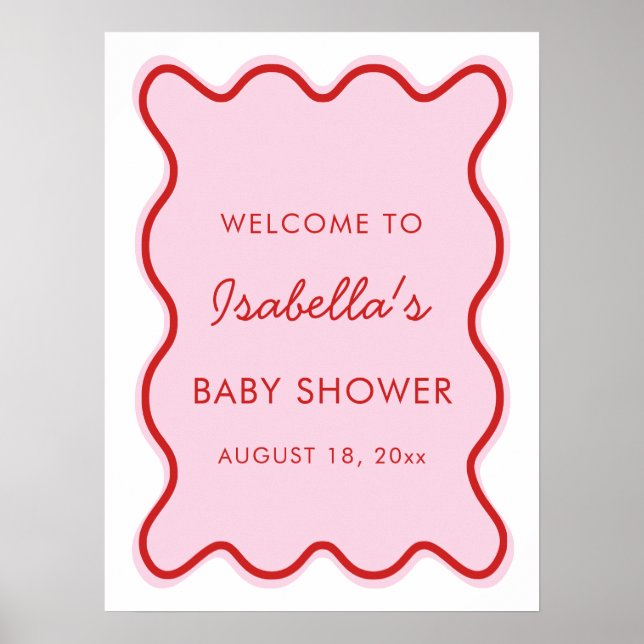 Wavy Modern Curvy Retro Pink and Red Baby Shower Poster (Front)