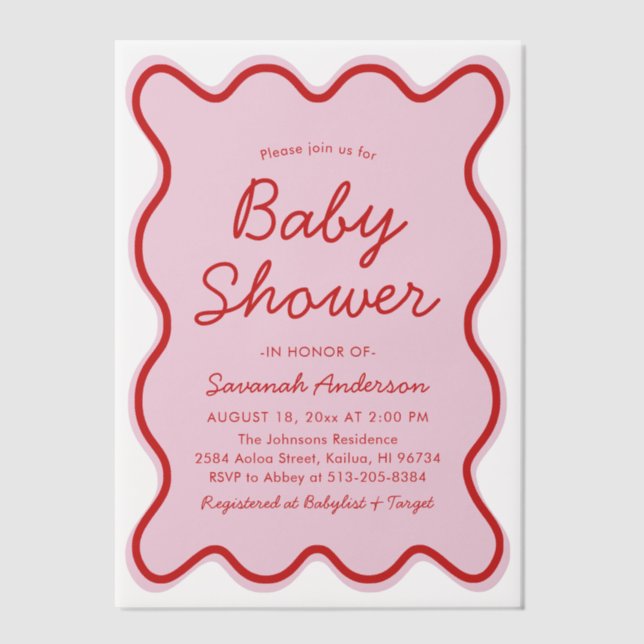 Wavy Modern Curvy Retro Pink and Red Baby Shower  Vellum Invitations (Front)