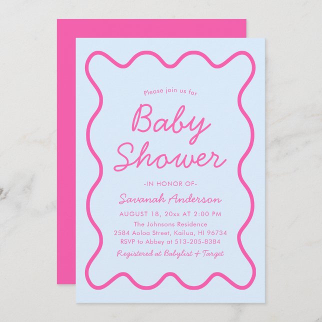 Wavy Modern Curvy Retro Pink Blue Baby Shower Invitation (Front/Back)