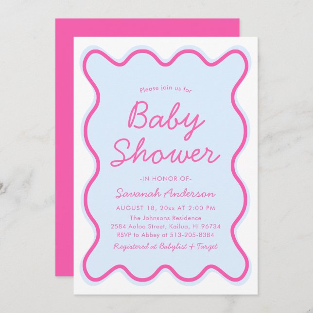 Wavy Modern Curvy Retro Pink Blue Baby Shower Invitation (Front/Back)