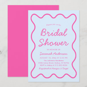 Wavy Modern Curvy Retro Pink Blue Bridal Shower Invitation