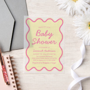 Wavy Modern Curvy Retro Pink Yellow Baby Shower Vellum Invitations