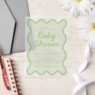 Wavy Modern Curvy Retro Sage Green Baby Shower Vellum Invitations