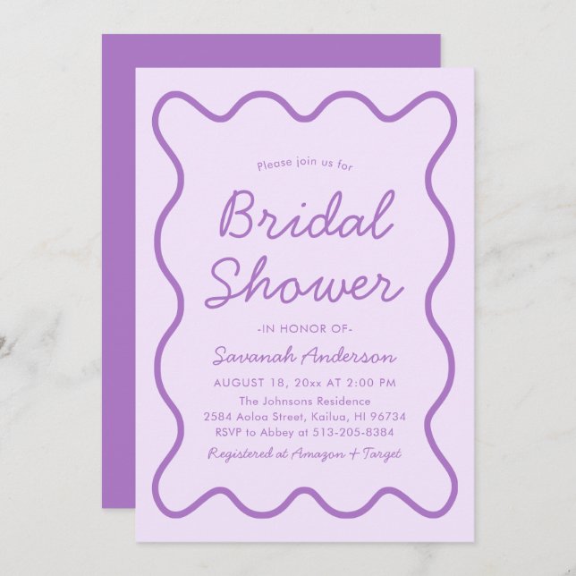 Wavy Modern Curvy Squiggle Purple Bridal Shower Invitation (Front/Back)