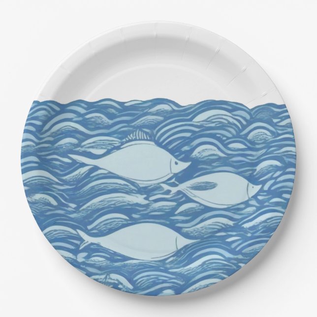 Wavy ocean and fishes paper plate (Front)