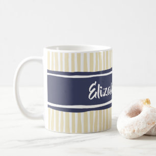 Wavy Painterly Stripes Navy and Cream With Name Coffee Mug