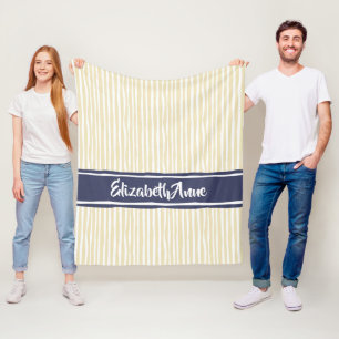 Wavy Painterly Stripes Navy and Cream With Name Fleece Blanket