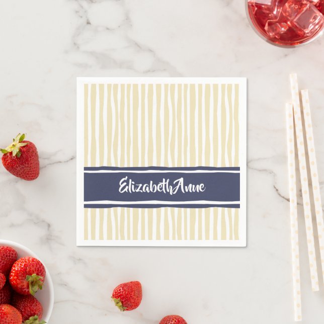 Wavy Painterly Stripes Navy and Cream With Name Napkin (Insitu)