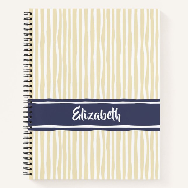 Wavy Painterly Stripes Navy and Cream With Name Notebook (Front)