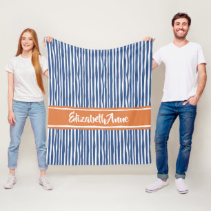 Wavy Painterly Stripes Orange and Blue With Name Fleece Blanket