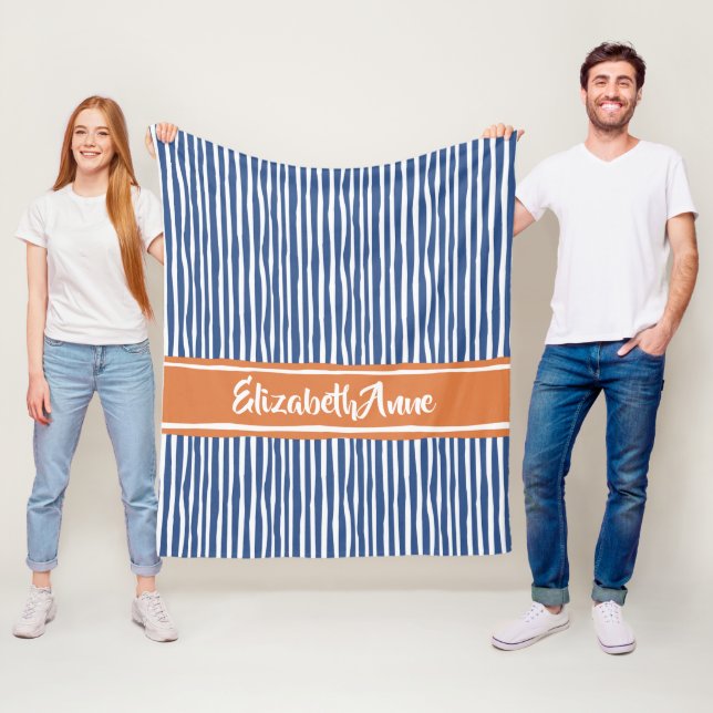 Wavy Painterly Stripes Orange and Blue With Name Fleece Blanket (In Situ)