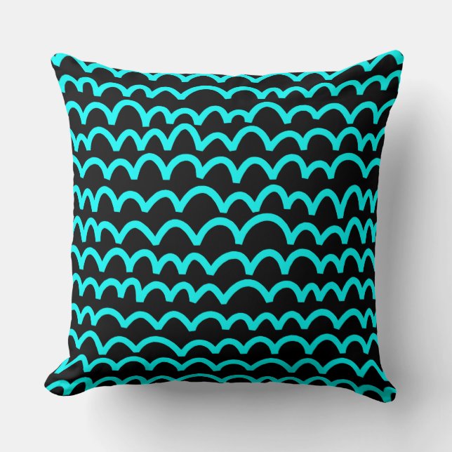 Wavy Pattern - Cyan on Black Cushion (Front)